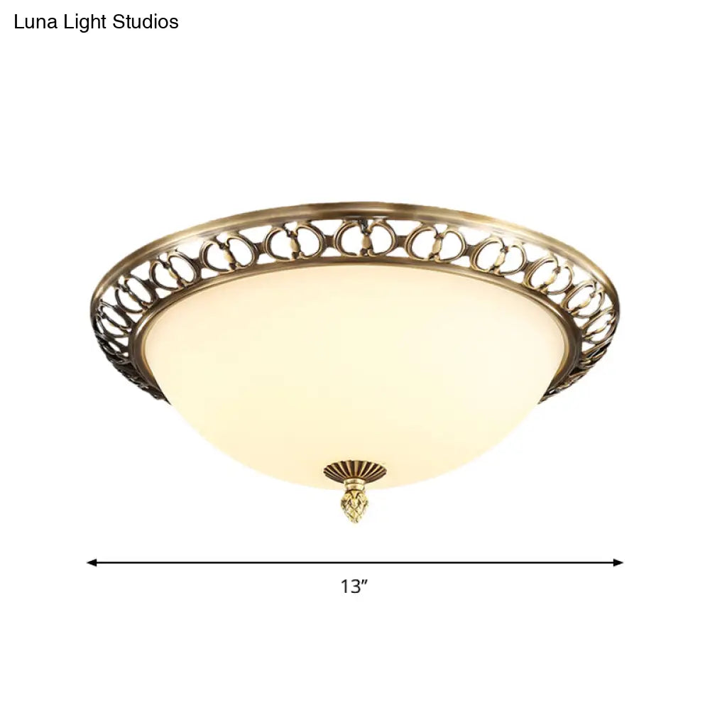 Antique Style Brass Finish 2 - Head Ceiling Mount Light With Frosted Glass Dome - 13’/15’/19.5’ Wide
