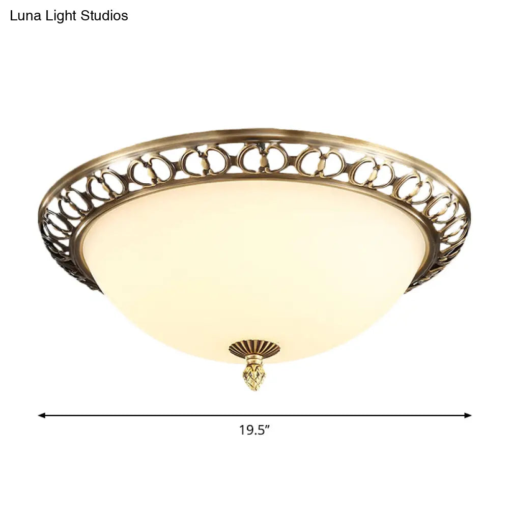 Antique Style Brass Finish 2 - Head Ceiling Mount Light With Frosted Glass Dome - 13’/15’/19.5’ Wide
