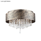 Antique Style Bronze Drum Flush Lamp With Crystal Accent 5/9 Light Iron Mount Ceiling -