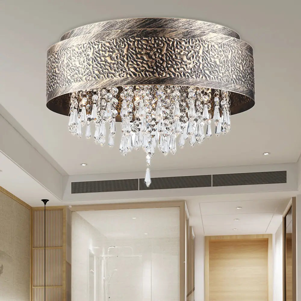 Antique Style Bronze Drum Flush Lamp With Crystal Accent 5/9 Light Iron Mount Ceiling -