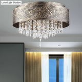 Antique Style Bronze Drum Flush Lamp With Crystal Accent 5/9 Light Iron Mount Ceiling -