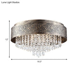 Antique Style Bronze Drum Flush Lamp With Crystal Accent 5/9 Light Iron Mount Ceiling -