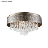 Antique Style Bronze Drum Flush Lamp With Crystal Accent 5/9 Light Iron Mount Ceiling -