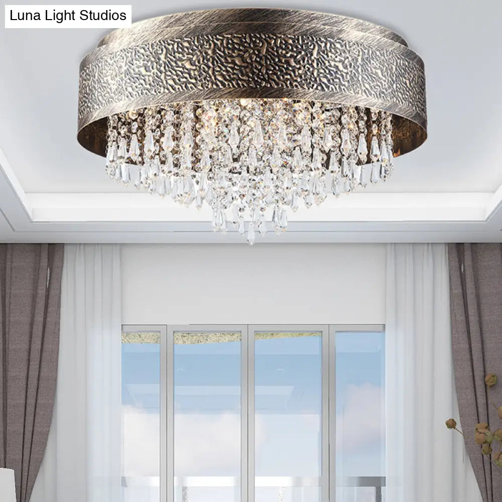 Antique Style Bronze Drum Flush Lamp With Crystal Accent 5/9 Light Iron Mount Ceiling -