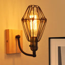 Antique Style Caged Wrought Iron Wall Lamp With Wooden Backplate - 1 Bulb Lighting In Black