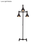 Antique-Style Iron Floor Lamp With 3 Lights Dark Rust Conical Shade And Elegant Pipe Design