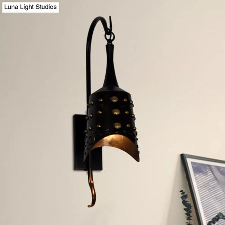 Antique Style Metal Sconce Light In Black For Hallway - Chimes One-Bulb Wall Lamp