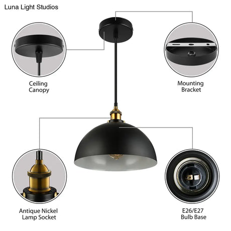 Antique Style Metallic Domed Pendant Light For Restaurant - Black/White 12’/16’ Dia