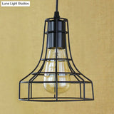 Antique-Style Open Cage Pendant Lamp In Black For Hallway