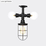 Antique Style Semi-Flush Ceiling Light - Clear Glass Flush Mounted Lamp With Cage In Black 3 Bulbs