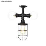 Antique Style Semi-Flush Ceiling Light - Clear Glass Flush Mounted Lamp With Cage In Black 3 Bulbs