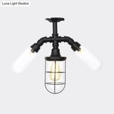 Antique Style Semi-Flush Ceiling Light - Clear Glass Flush Mounted Lamp With Cage In Black 3 Bulbs