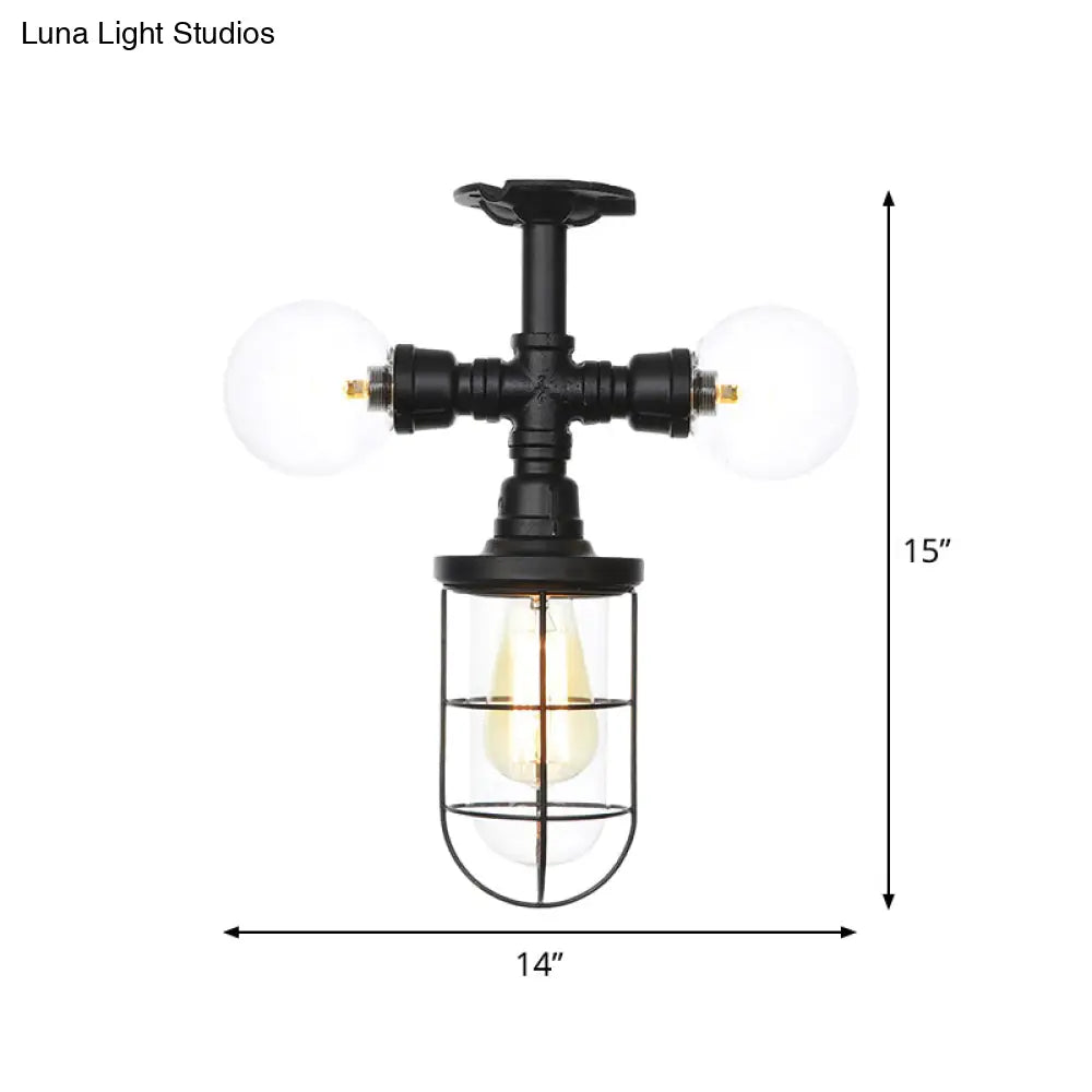Antique Style Semi-Flush Ceiling Light - Clear Glass Flush Mounted Lamp With Cage In Black 3 Bulbs