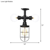 Antique Style Semi-Flush Ceiling Light - Clear Glass Flush Mounted Lamp With Cage In Black 3 Bulbs