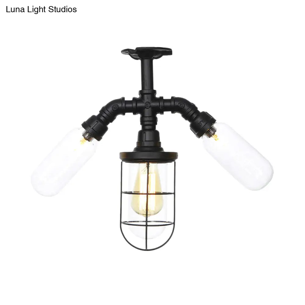 Antique Style Semi-Flush Ceiling Light - Clear Glass Flush Mounted Lamp With Cage In Black 3 Bulbs