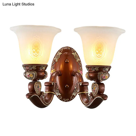 Antique Style Wall Sconce With Brown Bell Shade And Milky Glass 1/2-Head - Perfect For Bedside