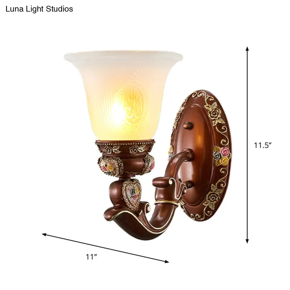 Antique Style Wall Sconce With Brown Bell Shade And Milky Glass 1/2-Head - Perfect For Bedside