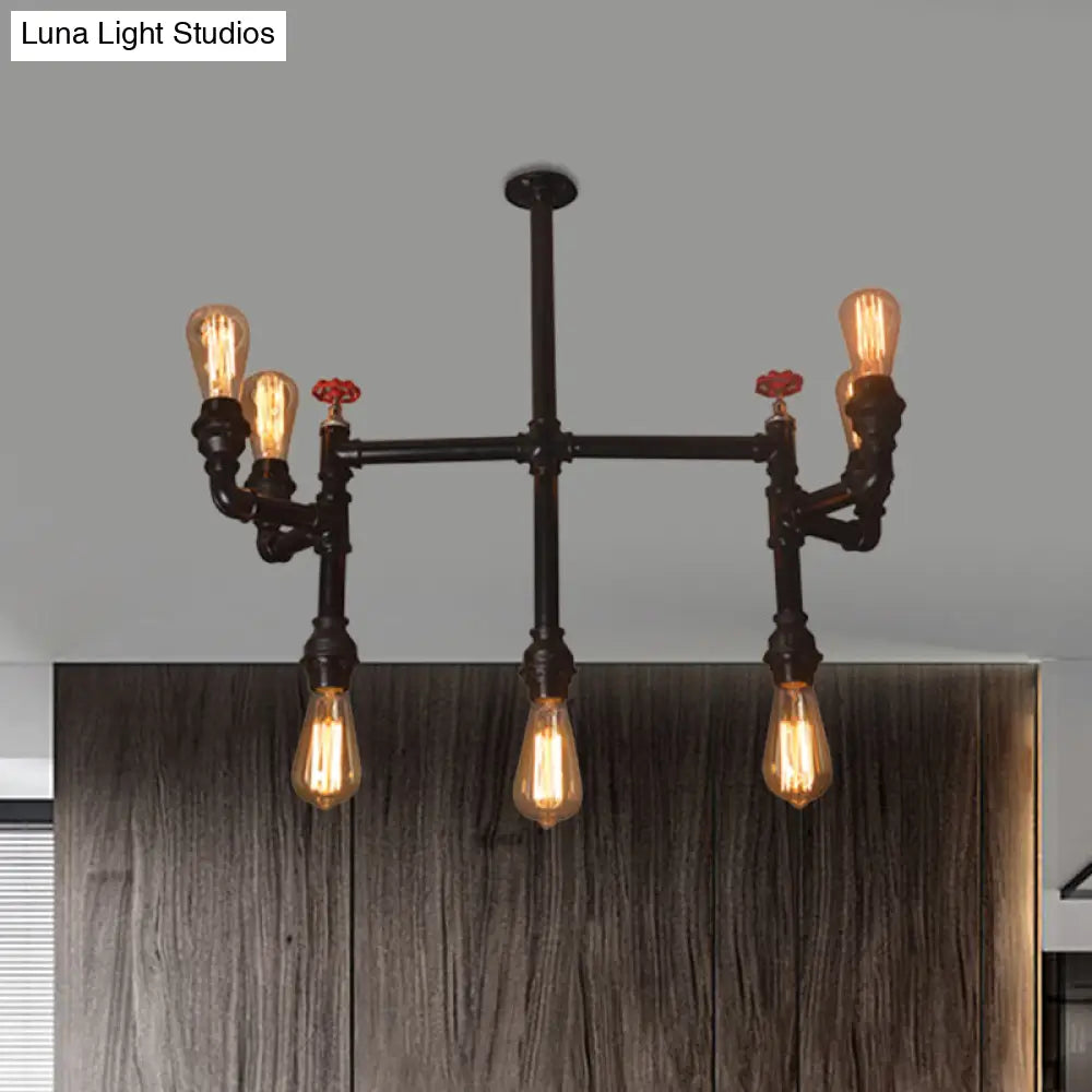 Antique Style Water Pipe Hanging Pendant Light With 7 Bulbs Metallic Chandelier Lighting - Black