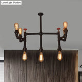 Antique Style Water Pipe Hanging Pendant Light With 7 Bulbs Metallic Chandelier Lighting - Black