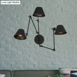 Antiqued Black Iron Swing Arm Sconce With Bell Shade - 2/3 Lights Bedroom Wall Lamp