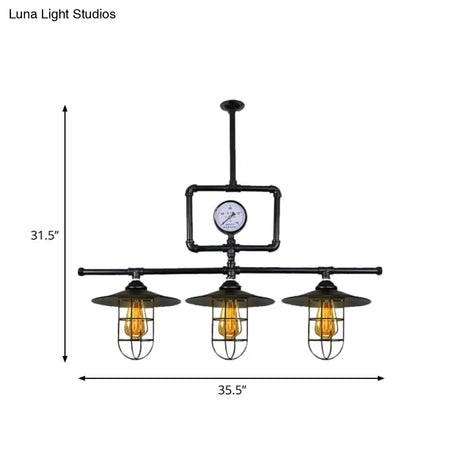 Antiqued Black Metal Pendant Lamp With Watermeter Deco - 3-Head Ceiling Lighting For Bar And Island