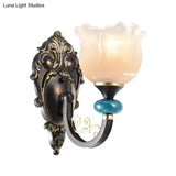 Antiqued Black Opal Ribbed Glass Floral Sconce Light Fixture - Wall Mounted Lamp