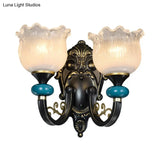 Antiqued Black Opal Ribbed Glass Floral Sconce Light Fixture - Wall Mounted Lamp