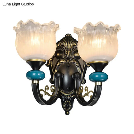 Antiqued Black Opal Ribbed Glass Floral Sconce Light Fixture - Wall Mounted Lamp