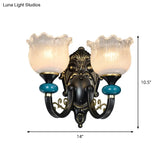 Antiqued Black Opal Ribbed Glass Floral Sconce Light Fixture - Wall Mounted Lamp