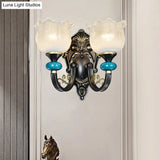Antiqued Black Opal Ribbed Glass Floral Sconce Light Fixture - Wall Mounted Lamp