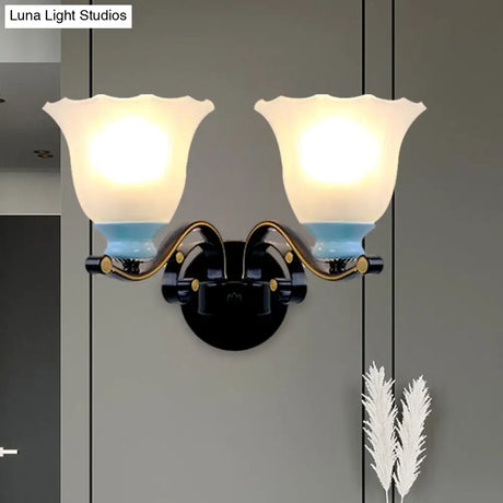 Antiqued Black Wall Lamp With Frosted Ribbed Glass - Perfect Living Room Lighting