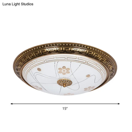 Antiqued Bowl Shade Glass Flush Mount Lamp In Gold With Led 12.5’/15’/19’ Width And Warm/White Light