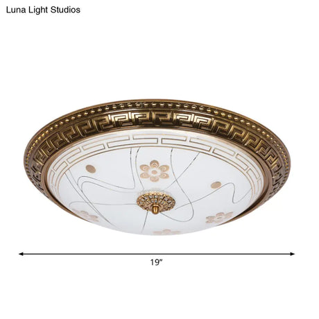 Antiqued Bowl Shade Glass Flush Mount Lamp In Gold With Led 12.5’/15’/19’ Width And Warm/White Light