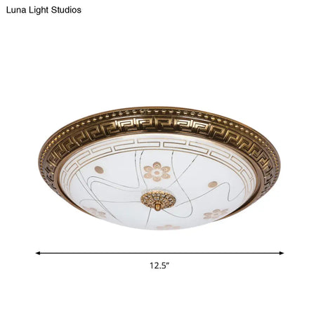 Antiqued Bowl Shade Glass Flush Mount Lamp In Gold With Led 12.5’/15’/19’ Width And Warm/White Light