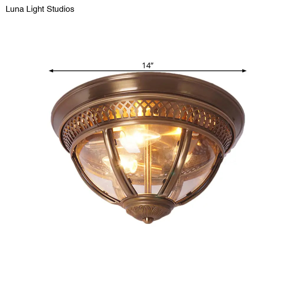 Antiqued Brass/Brown Semi Flush Lamp - Clear Glass 1 - Light Mount With Pierced Trim Design