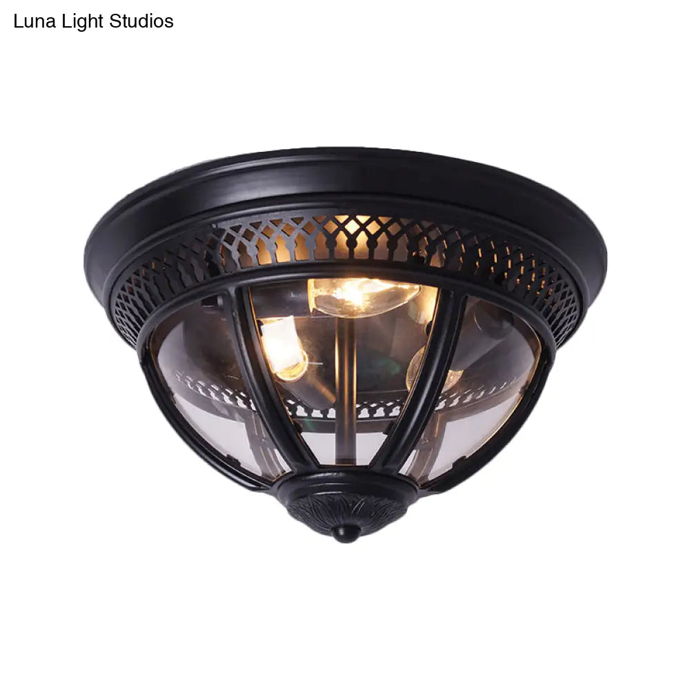 Antiqued Brass/Brown Semi Flush Lamp - Clear Glass 1 - Light Mount With Pierced Trim Design