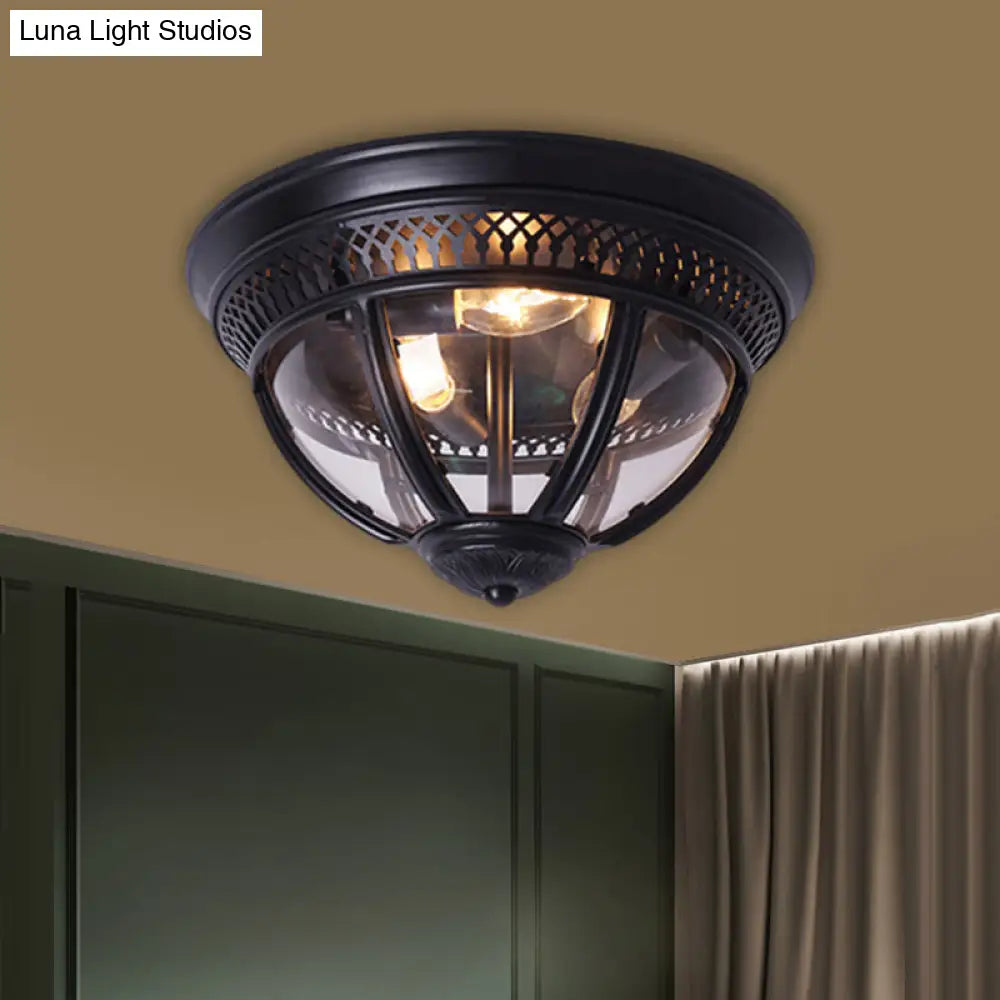 Antiqued Brass/Brown Semi Flush Lamp - Clear Glass 1 - Light Mount With Pierced Trim Design