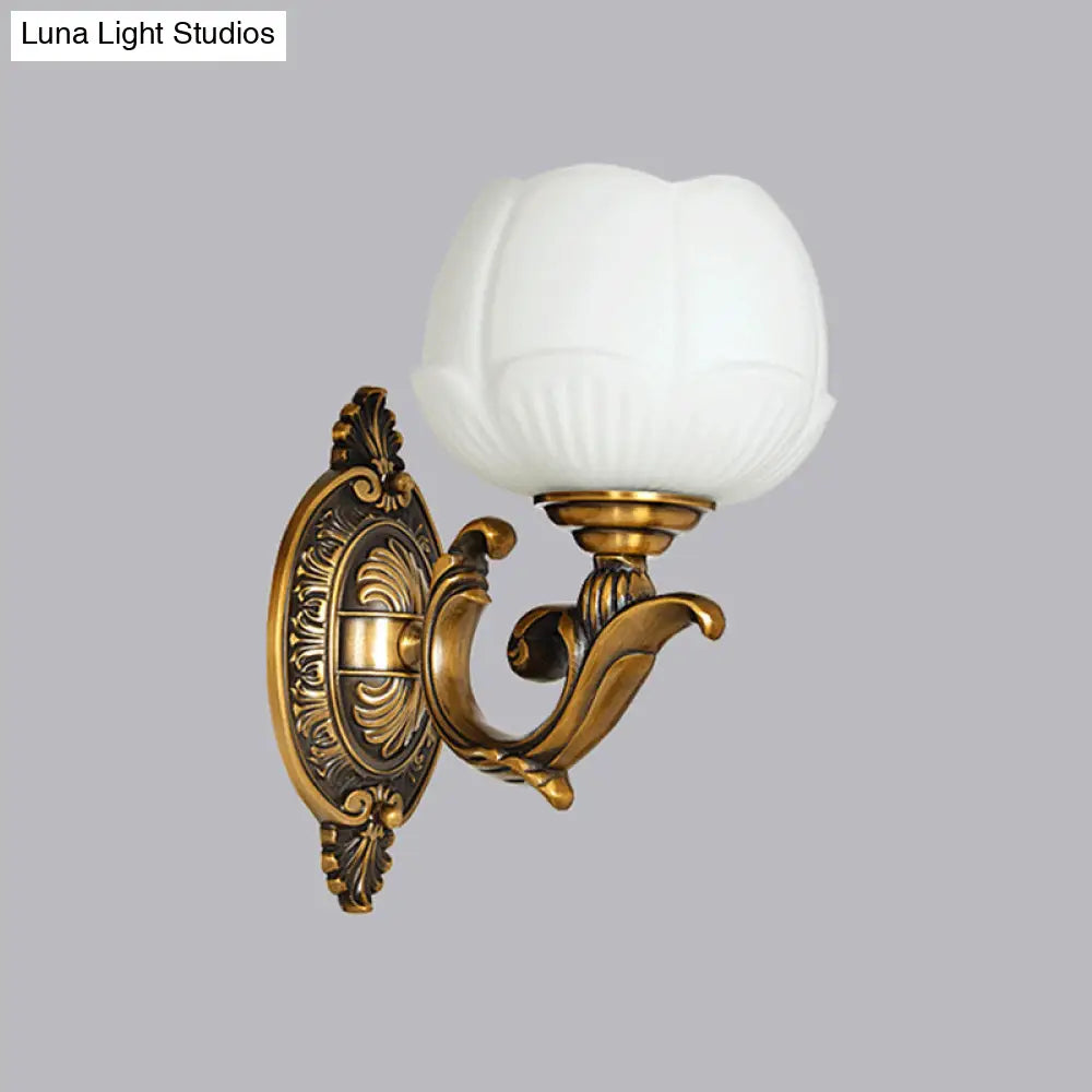 Antiqued Brass Flower Bud Milk Glass Wall Lamp - 1-Head Bedroom Sconce