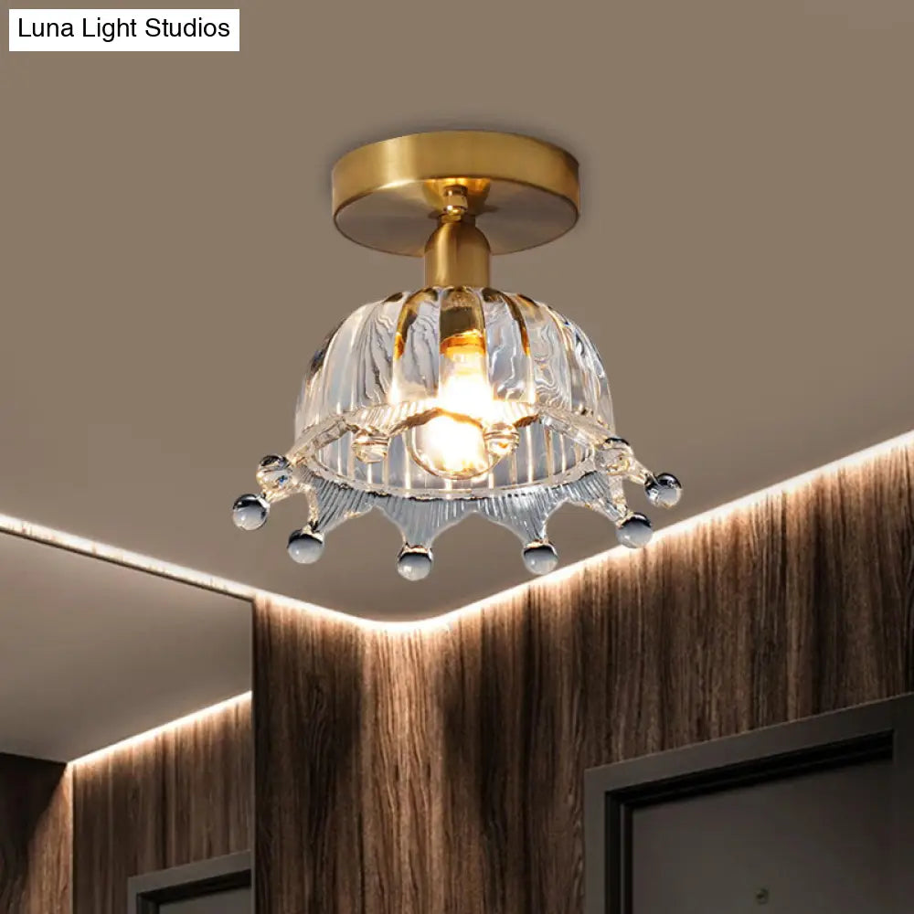 Antiqued Brass Clear Fluted Glass Semi-Mount Ceiling Light