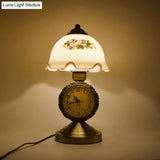 Antiqued Brass Night Lamp With Roman Clock Base - American Flower Design White Glass Dome Table