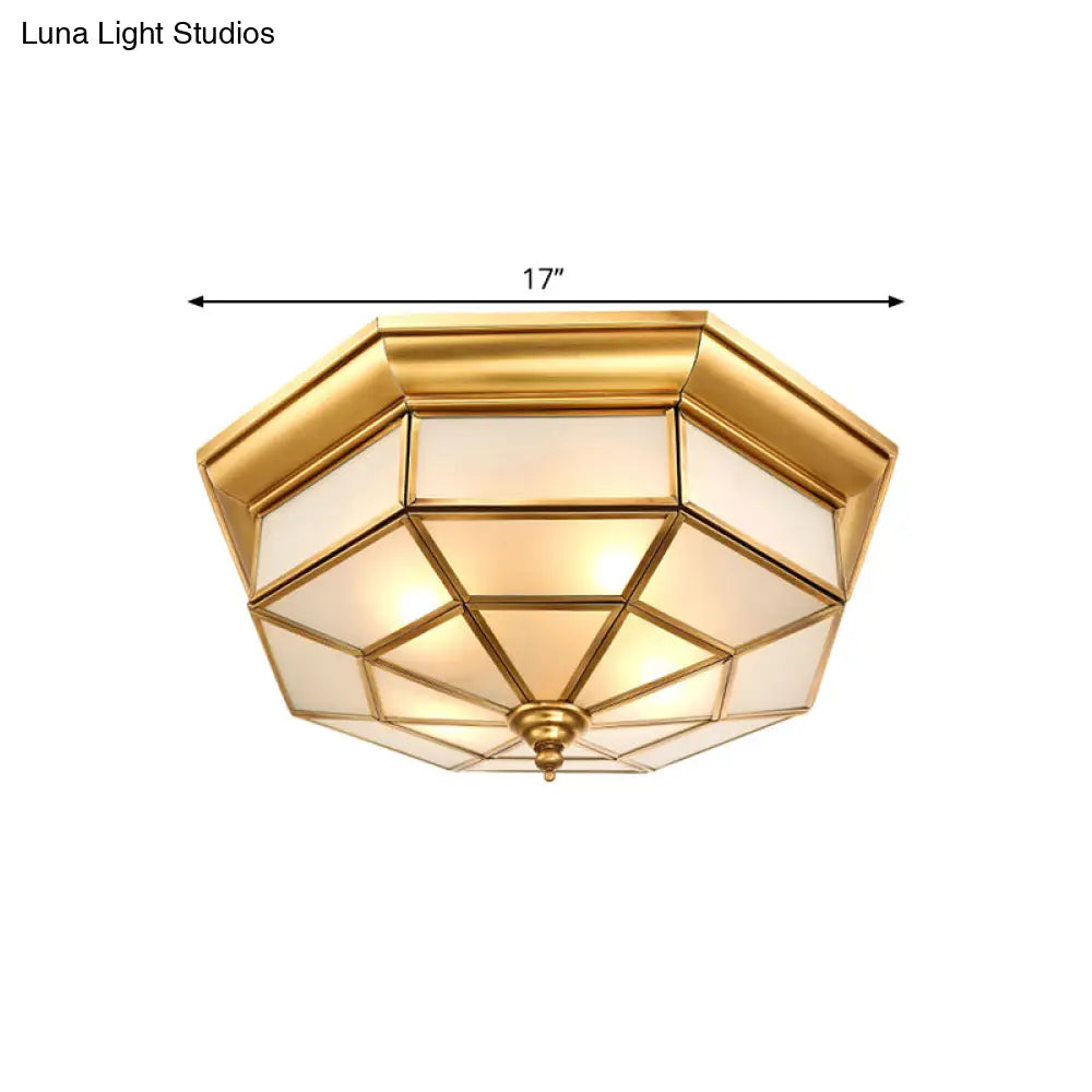 Antiqued Brass Octagon Flush Mount Ceiling Light With Milky Glass - 17’ / 25.5’ Width 4/6 Head
