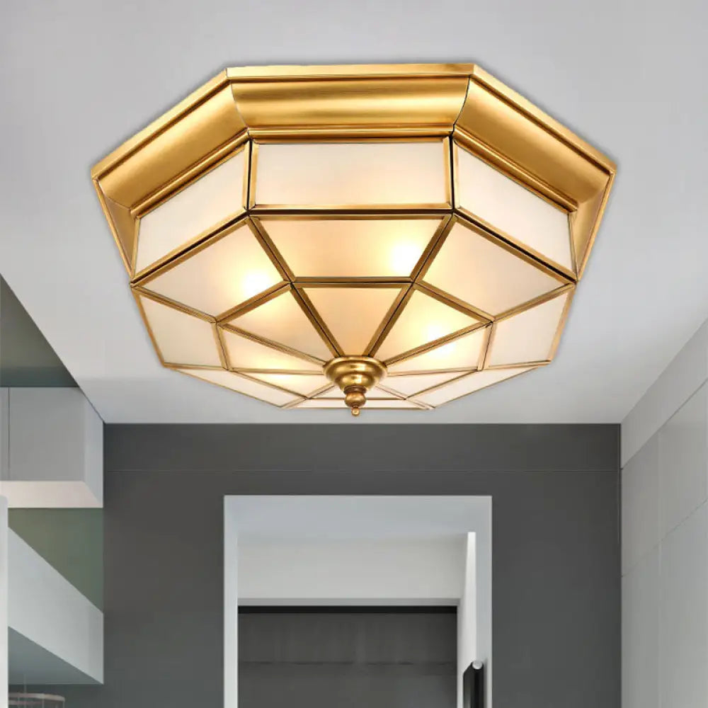 Antiqued Brass Octagon Flush Mount Ceiling Light With Milky Glass - 17’ / 25.5’ Width 4/6 Head