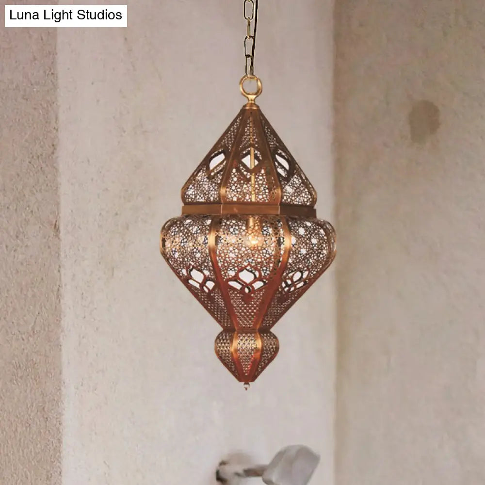 Antiqued Brass Pendant Light Fixture With Metallic Urn Shade