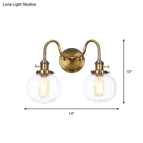 Antiqued Brass Wall Mounted Lamp With Conical/Spherical Shades And Adjustable Arms - 2-Light Fixture