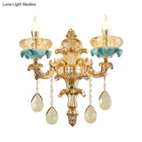 Antiqued Candlestick Wall Lamp With Crystal Sconce Light Fixture In Gold
