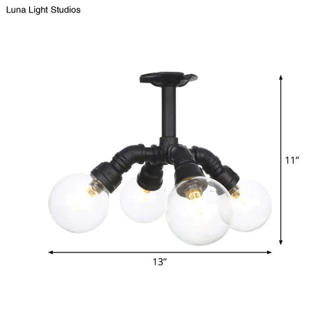 Antiqued Clear Glass Ball Led Semi Flushmount Lighting With 4/5/6 Heads In Black
