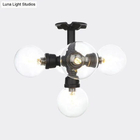 Antiqued Clear Glass Ball Led Semi Flushmount Lighting With 4/5/6 Heads In Black