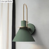 Antiqued Cone Metal Wall Mounted Sconce In White/Black/Green With Handle For Bedside