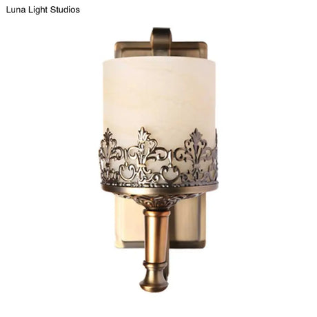 Antiqued Cylinder Wall Light With Single Bulb White Glass Etching In Gold