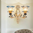 Antiqued Gold Flower Wall Sconce With Clear Ruffle Glass Bulbs - Curved Arm Mounted Lamp Light